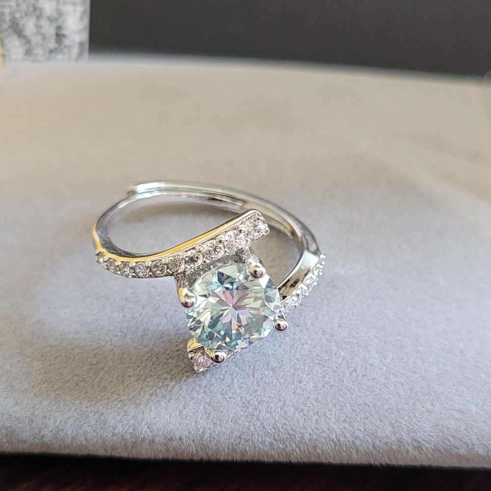 Solitaire Halo Ring in White Gold Plating with Light Blue Moissanite Stone